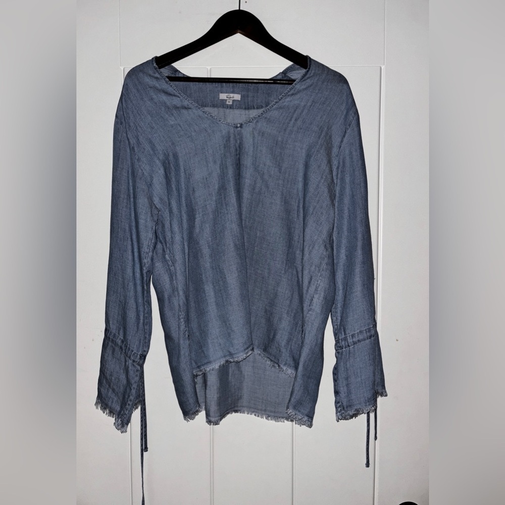 Rails Zimi Chambray Linen Blend Long Sleeve Frayed Hem Top Cowgirl Boho Women M